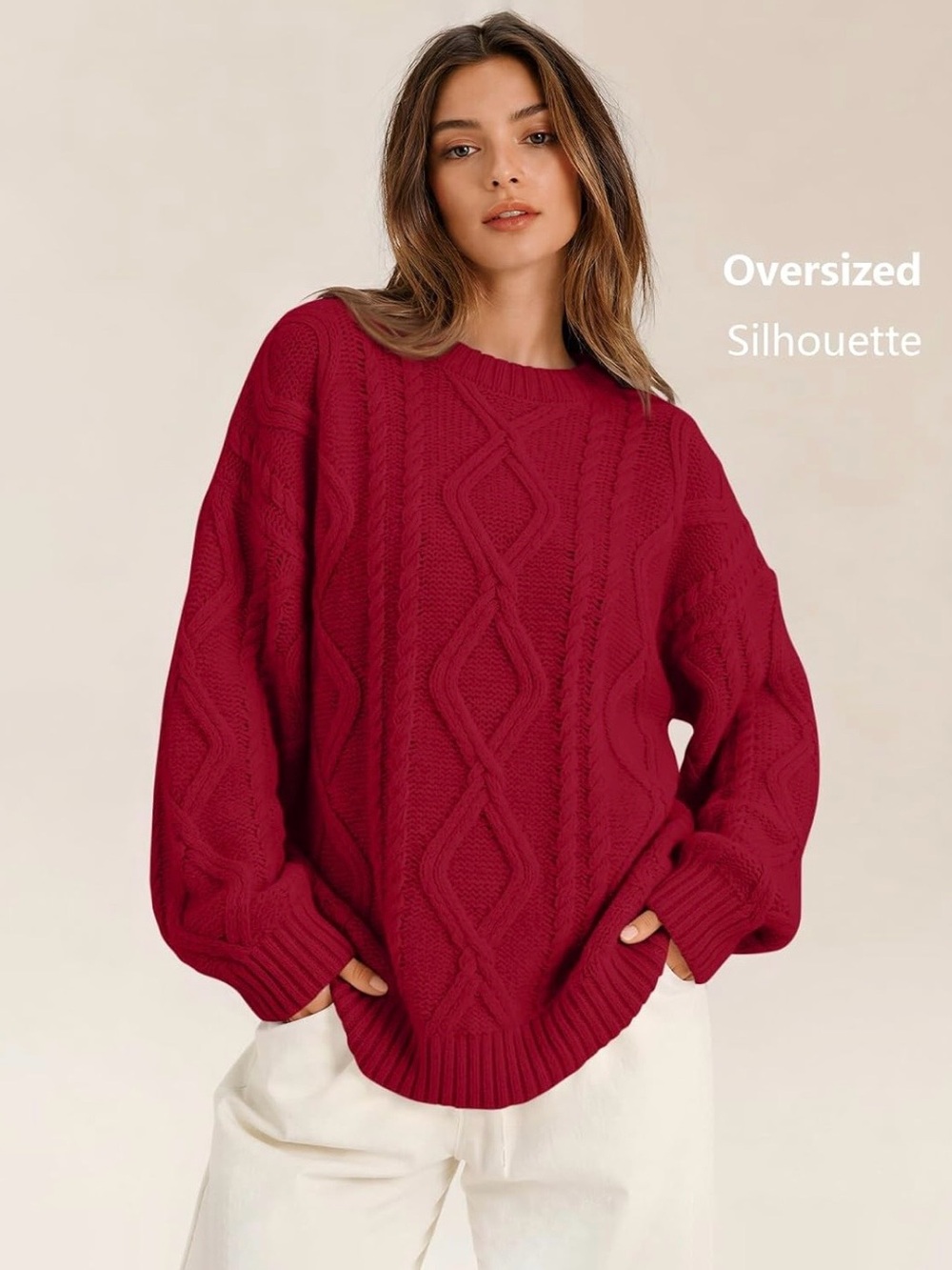 Trendy Queen Oversized Cable Knit Sweater - Deep Red - S/M